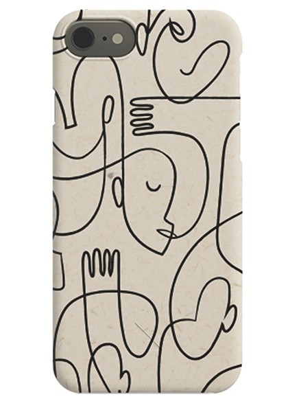  – Coque pour iPhone avec un motif abstrait, avec des visages dessinés en art linéaire noir sur un fond beige