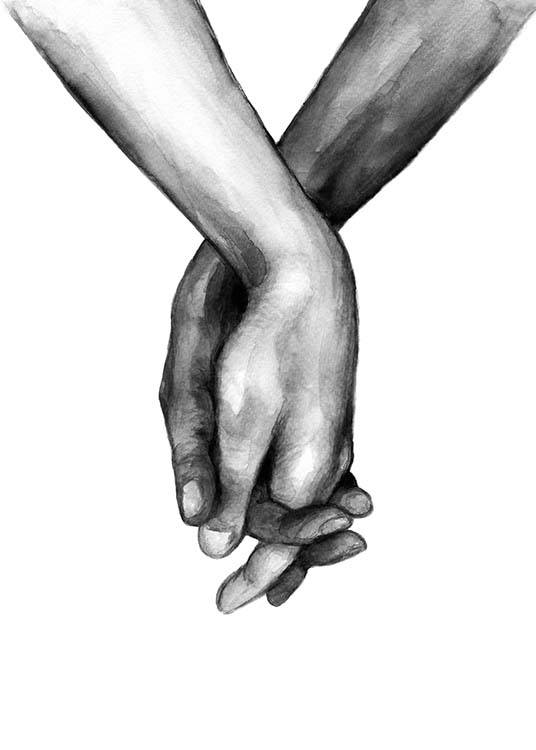 – Illustration à l’aquarelle en noir et blanc de deux mains serrées l’une contre l’autre