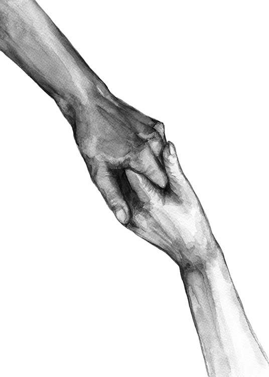  – Poster en noir et blanc représentant deux mains peintes à l'aquarelle 