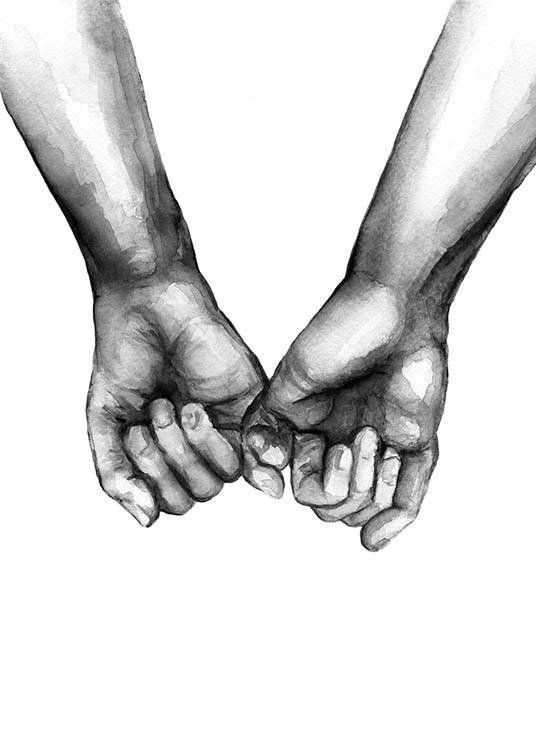  – Illustration à l’aquarelle de deux mains se tenant par l’auriculaire, en noir et blanc