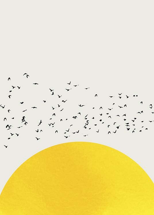  – Illustration graphique d’un demi-cercle jaune et d’une volée d’oiseaux sur un fond beige