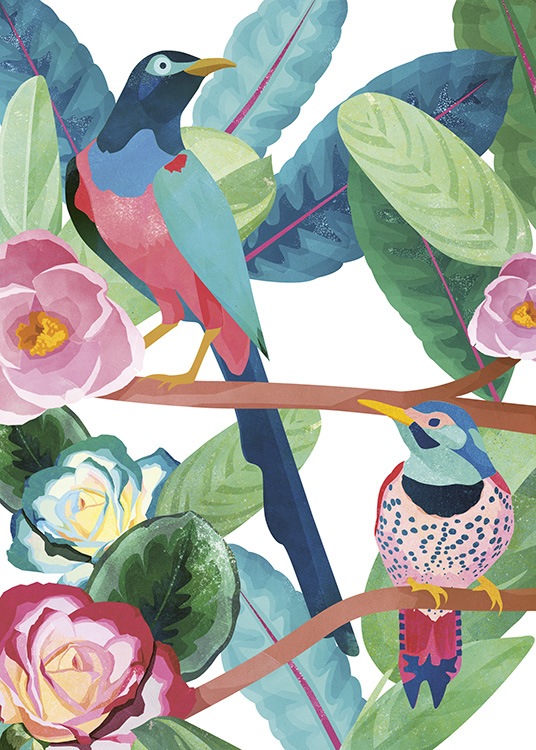  – Affiche d'un dessin peint à la main représentant deux oiseaux colorés dans la jungle paradisiaque