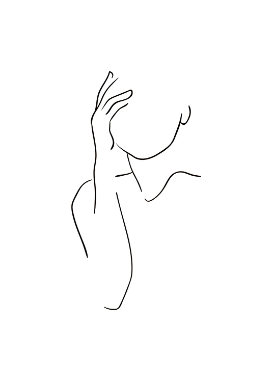  – Poster d'art abstrait en noir et blanc d'une personne portant sa main à son visage, dessiné d'un simple trait