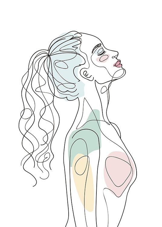  – Poster abstrait au trait d'une fille de profil avec quelques sections colorées