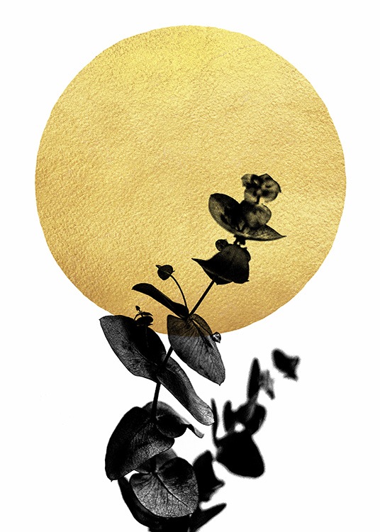 – Poster d'art abstrait avec une plante noire devant un cercle doré, sur un fond blanc 