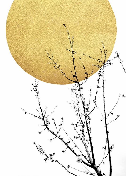 – Affiche abstraite avec un soleil doré et un arbuste noir.