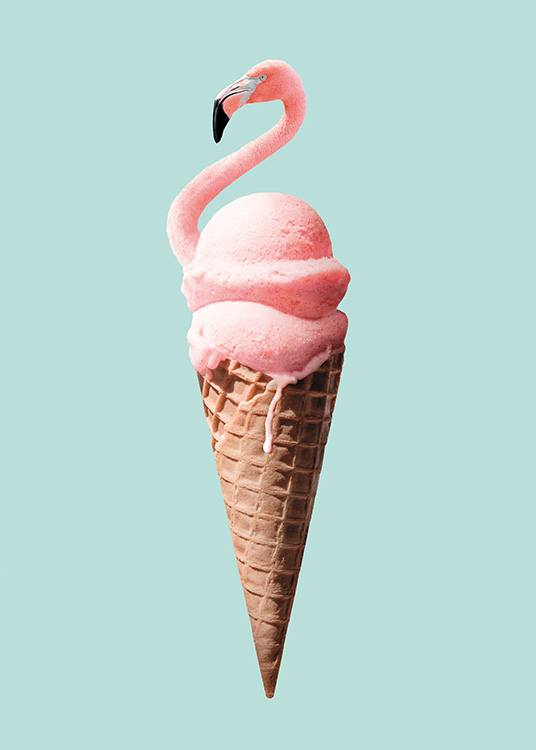  – Poster de cuisine moderne représentant une glace en forme de flamant rose sur un cône 