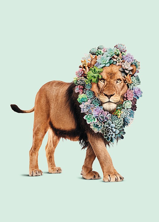  – Affiche photographique d'un grand lion dont la crinière est ornée de fleurs