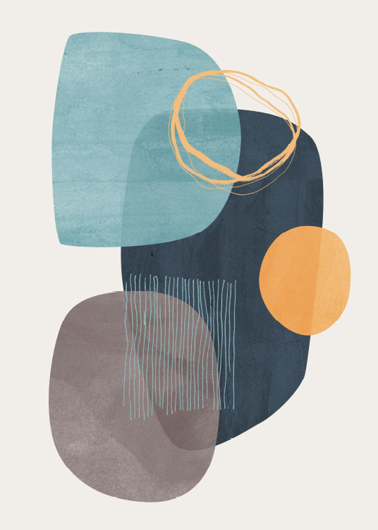  – Art graphique abstrait avec des formes abstraites en bleu et orange sur un fond beige