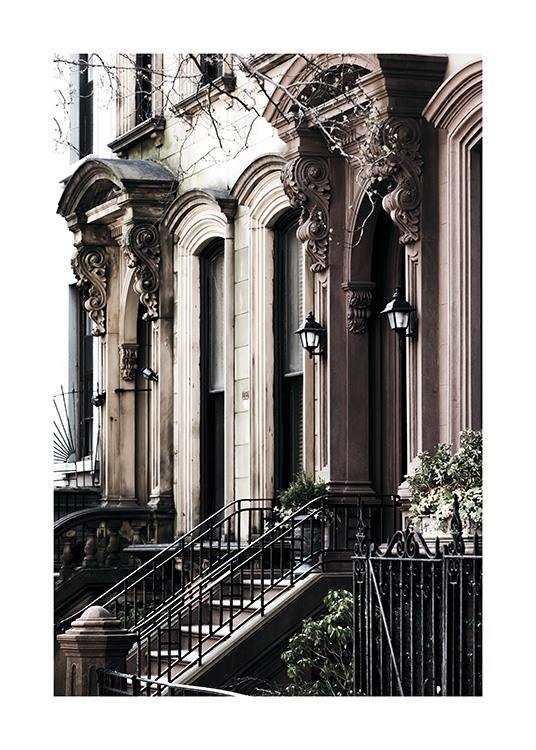 – Poster de New York, avec des marches menant à la porte d'entrée d'une vieille maison de Brooklyn