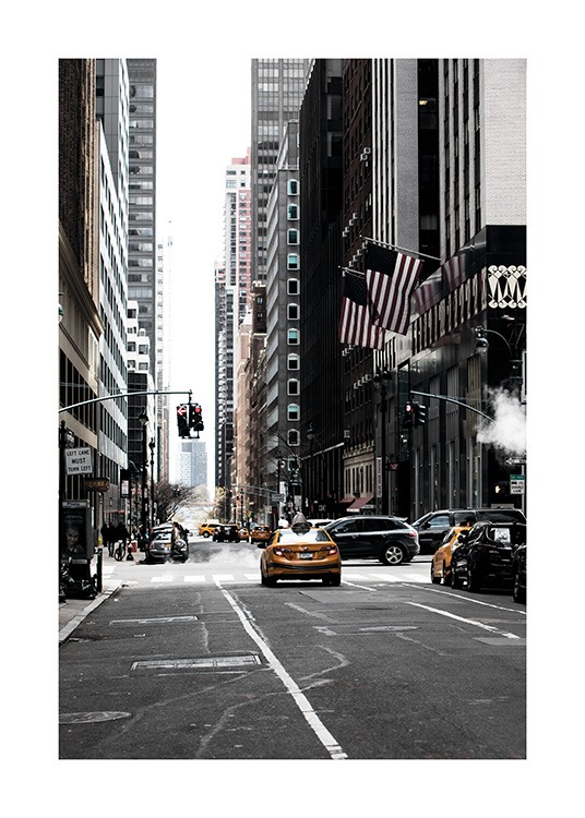  – Affiche de NYC montrant une rue bondée entre les gratte-ciels à Manhattan