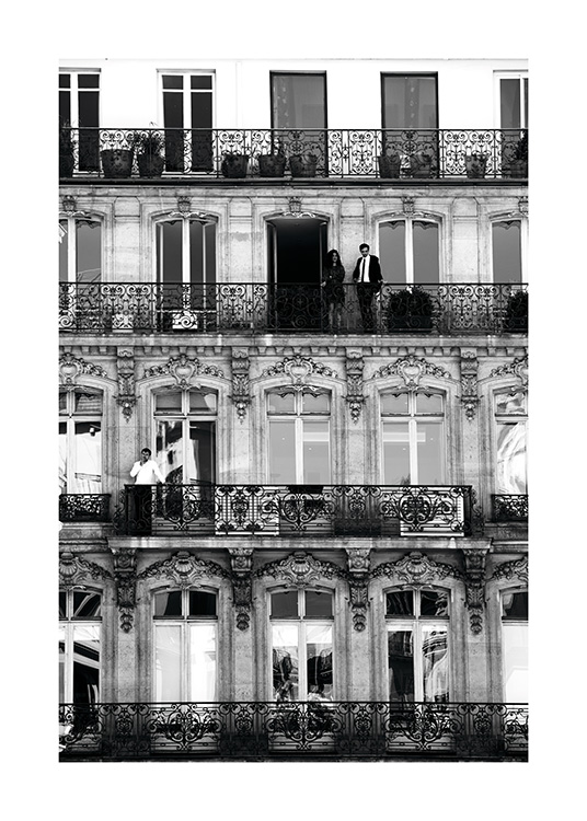 – Poster photo en noir et blanc des balcons d'un immeuble à Paris