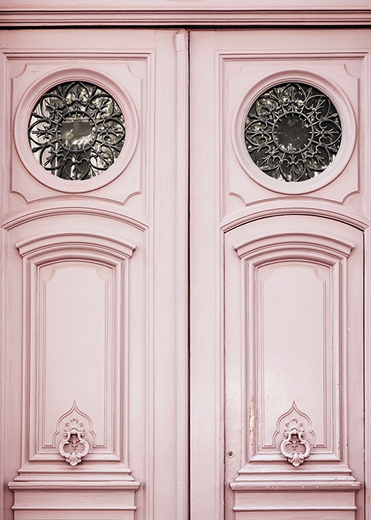 – Affiche de Paris, avec une porte d'entrée rose, joliment décorée