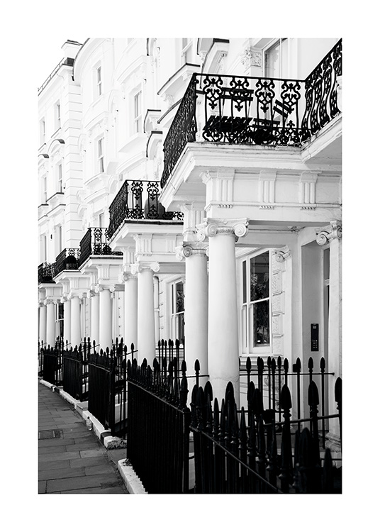  – Poster de Londres en noir et blanc montrant les entrées des bâtiments de la rue Notting Hill