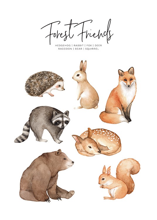  – Poster mignon pour enfant avec divers animaux de la forêt dessinés comme un hérisson, un renard, un lièvre et un écureuil 