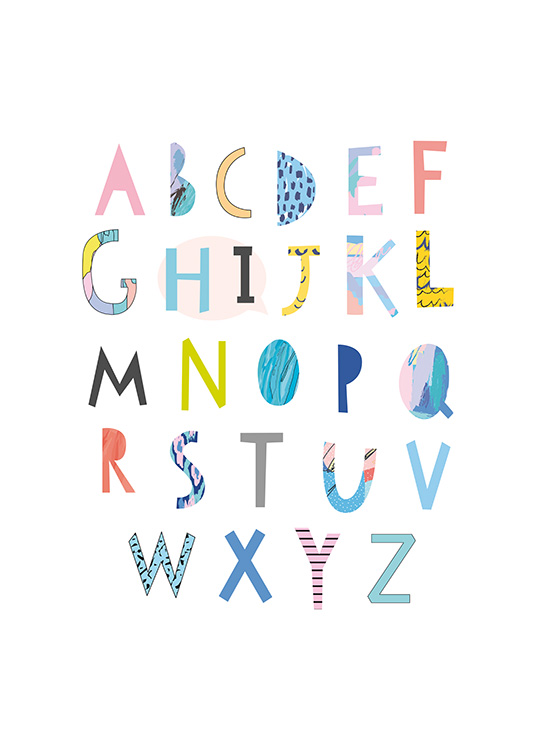 - Poster avec l'alphabet en lettres colorées découpées dans du papier sur un fond blanc.