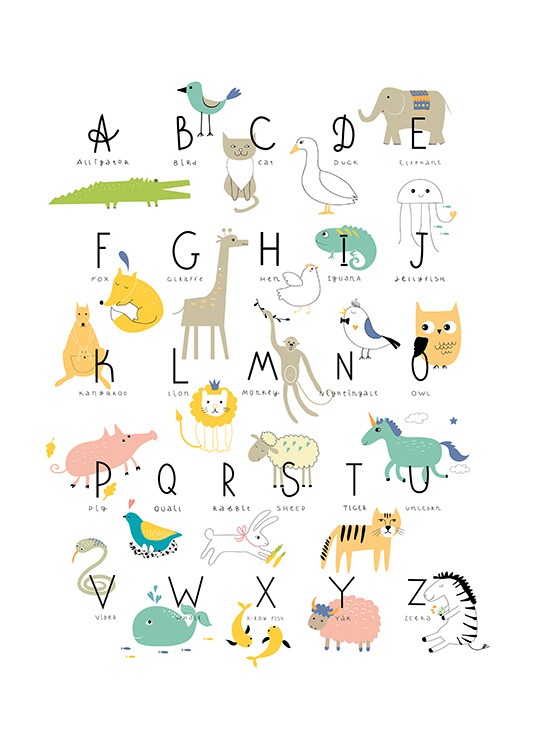 - Affiche avec l'alphabet et des animaux sur un fond blanc.