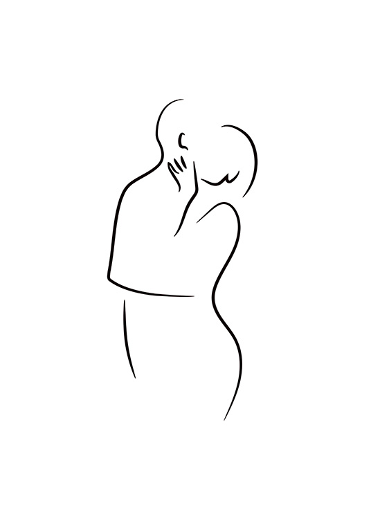 – Affiche d''art linéaire représentant un couple qui s''embrasse sur un fond blanc 