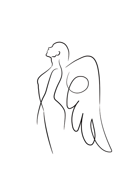 – Affiche d''art linéaire d''un ange tourné vers le côté sur un fond blanc 