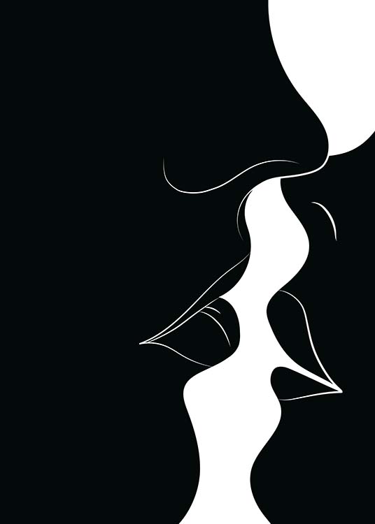 '– Affiche en noir et blanc de deux personnes s''embrassant presque.'