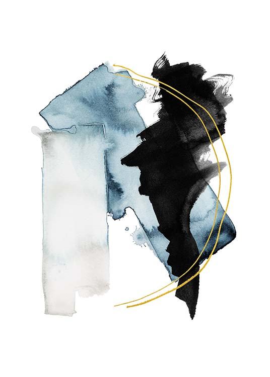  – Illustration à l’aquarelle avec des formes abstraites en noir et bleu avec deux lignes dorées