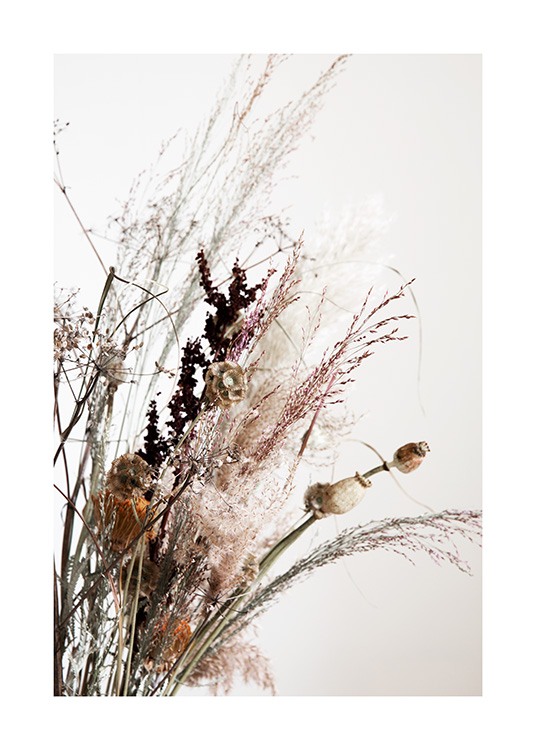  – Photographie d’un bouquet de fleurs séchées et d’herbe sèche sur un fond gris clair