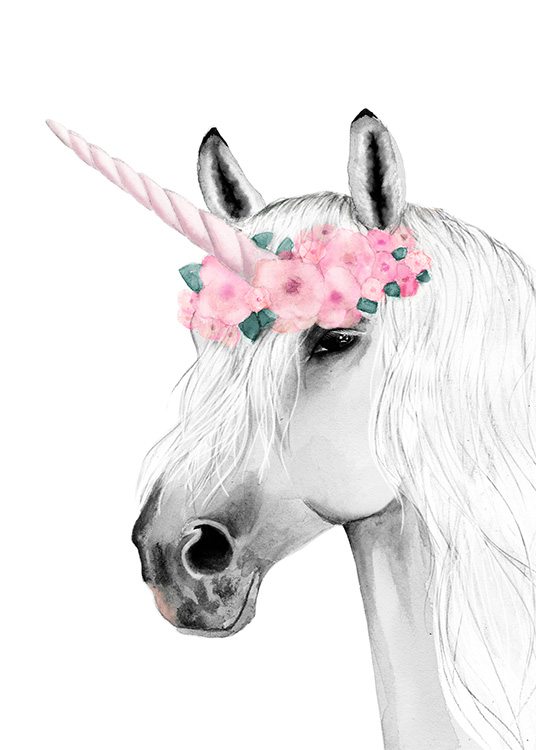 '–Dessin d''une licorne avec une corne et une couronne en rose. '