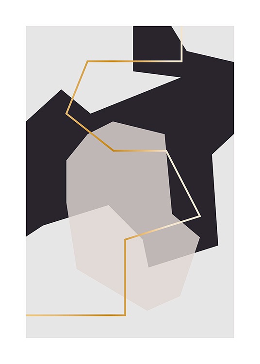  – Illustration graphique de formes abstraites en gris et noir avec une ligne dorée au milieu