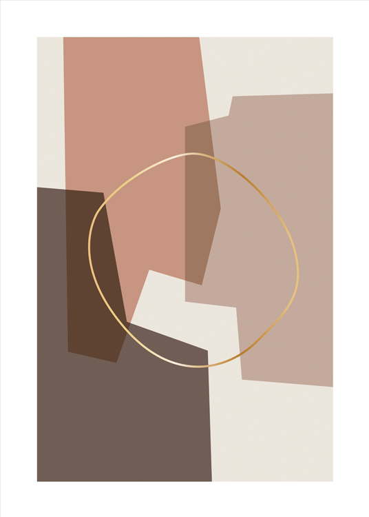  – Illustration graphique d’un cercle doré au-dessus de formes abstraites en beige et rouge clair