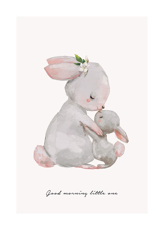 Gravure illustrée d'enfant avec la maman lapin embrassant le petit lapin pour lui dire bonjour