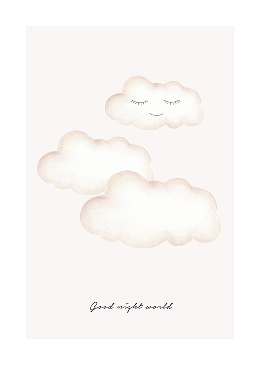 Gravure d'enfant illustrée par des nuages aux yeux fermés et du texte en-dessous