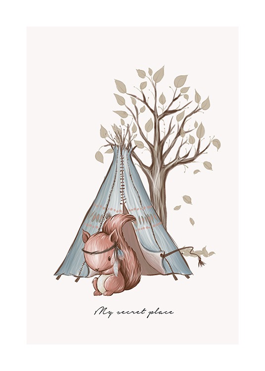 Illustration d'un écureuil assis devant la tente bleue avec un arbre à l'arrière-plan et du texte en-dessous