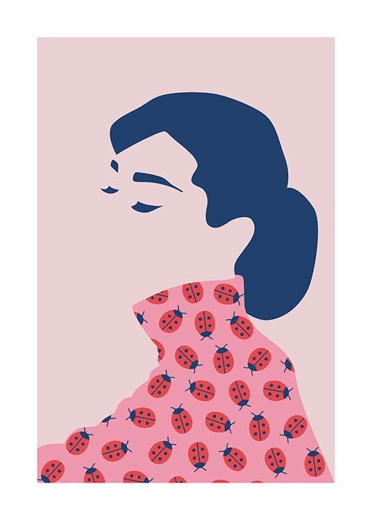 Illustration graphique d'Audrey Hepburn avec les yeux fermés portant un haut rose avec des coccinelles