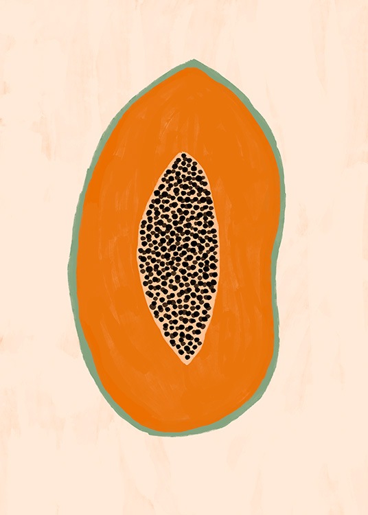 Illustration graphique de papayes sur fond orange clair.