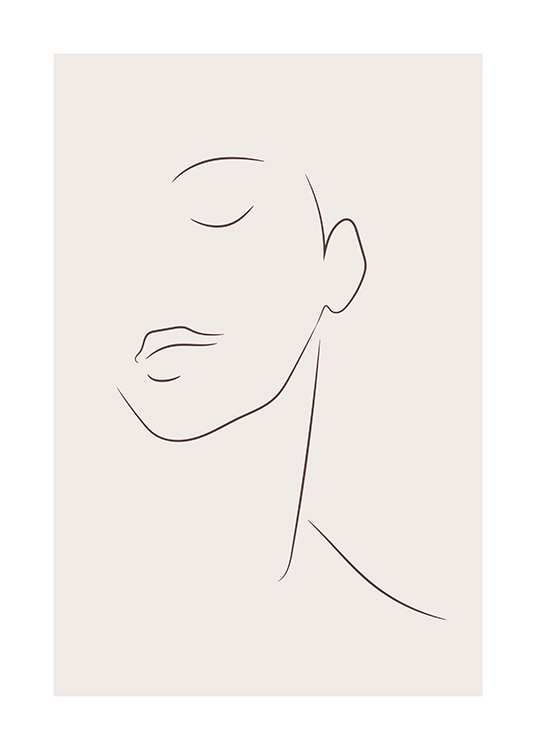 Illustration au trait d’un visage avec les yeux fermés sur fond beige.