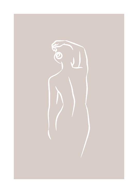 Illustration d’une femme vue de derrière dessinée en traits blancs sur fond beige.