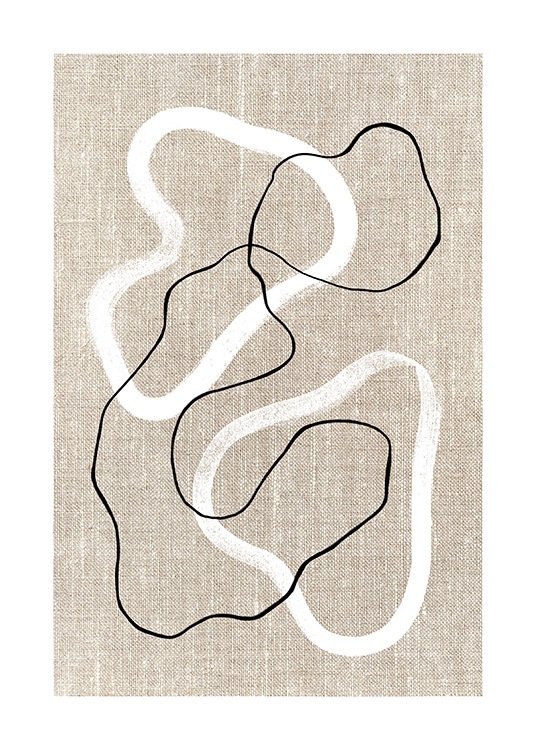 Impression graphique d'art avec des formes dessinées en noir et blanc sur fond texturé beige.