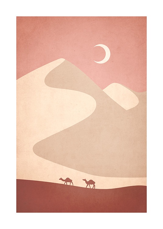 Illustration du désert graphique avec des chameaux à l’avant et la lune à l'arrière-plan