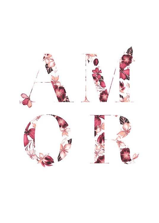  - Affiche de texte avec le mot « Amor » écrit avec des fleurs roses à l'intérieur des lettres sur un fond blanc