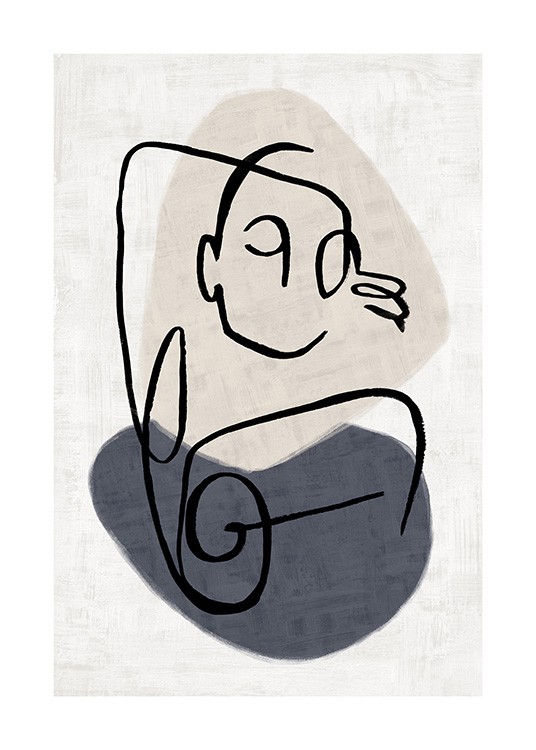  - Illustration avec des traits noirs formant un corps et des formes en beige et bleu à l'arrière-plan