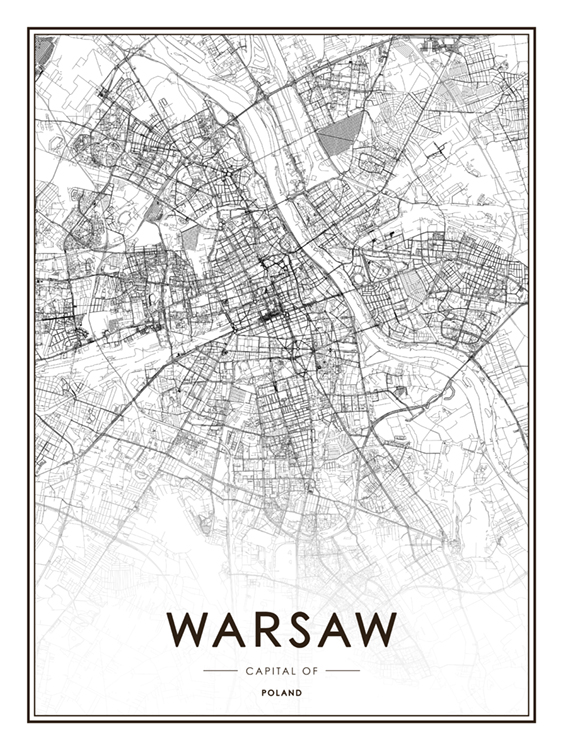  - Plan en noir et blanc avec les coordonnées de Varsovie et de la Pologne écrites en dessous