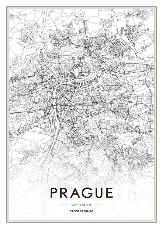  - Plan en noir et blanc de Prague en République tchèque, avec les coordonnées écrites au bas