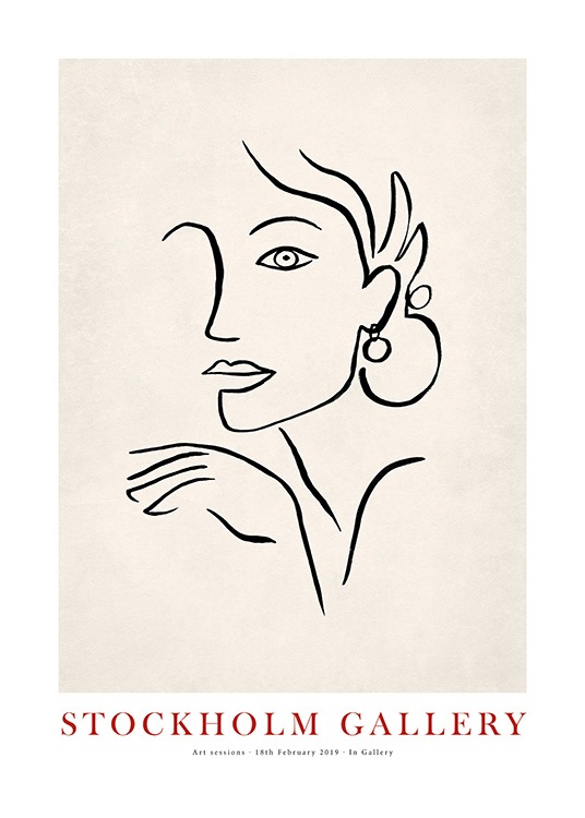  - Illustration d'un visage de femme dessiné à la main avec des traits noirs sur un fond beige
