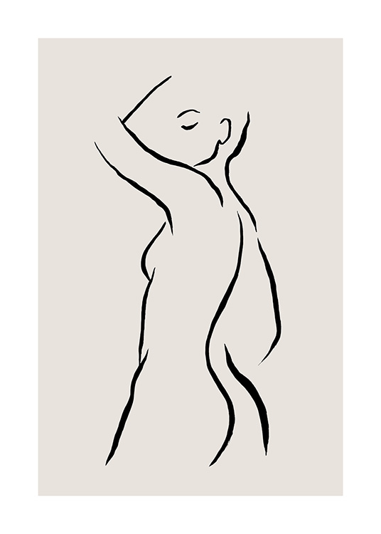 - Illustration en noir d'un dessin au trait représentant une femme nue sur un fond beige
