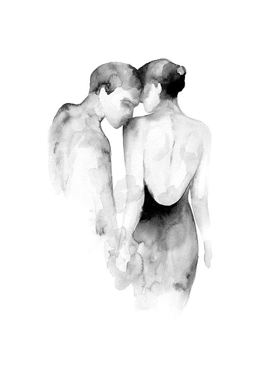  – Illustration à l’aquarelle en noir et blanc d’une femme qu’un homme embrasse sur l’épaule