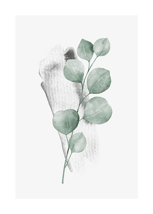  – Peinture à l’aquarelle d’une petite branche d’eucalyptus avec des feuilles vertes et un fond gris clair