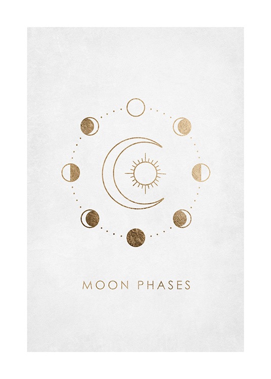  – Illustrations graphiques d’une lune et d’un soleil dorés entourés de petits cercles dorés