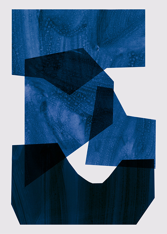  – Illustration abstraite avec des formes graphiques en bleu foncé et vif sur un fond beige