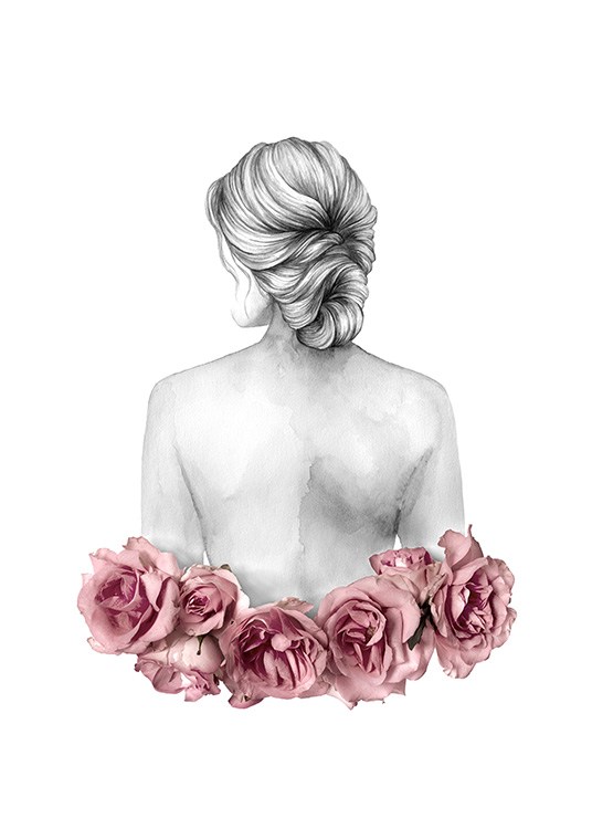  – Illustration d’une femme avec des roses autour de la taille et les cheveux attachés en un chignon bas