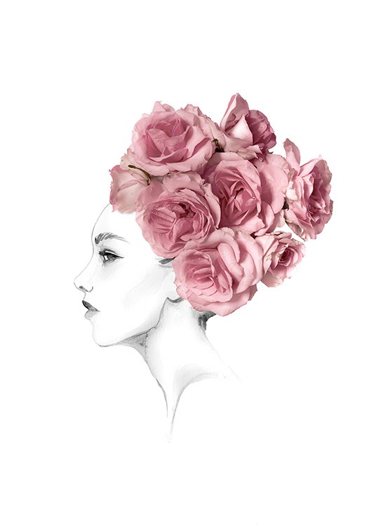  – Esquisse d’une femme en noir et blanc avec des roses roses dans les cheveux formant un chignon